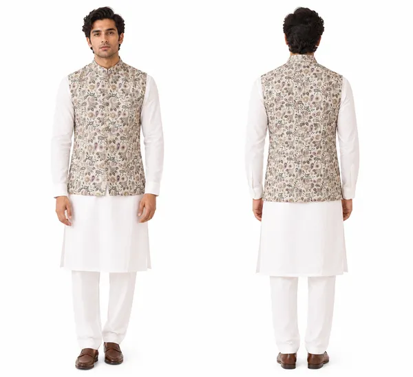 White_Jacquard_Semi-Silk_Floral_Printed_Kurta_Pajama_Waistcoat_For_Men