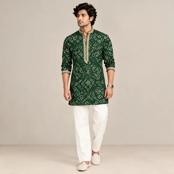Green_Cotton_Straight_Printed_Kurta_For_Men