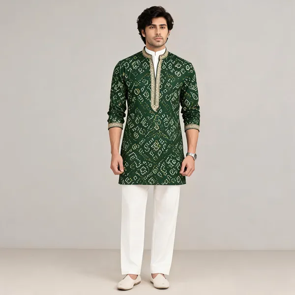 Green_Cotton_Straight_Printed_Kurta_For_Men