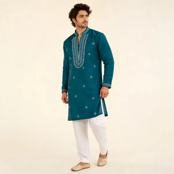 Teal_Glass_Tissue_Straight_Fit_Kurta_For_Men