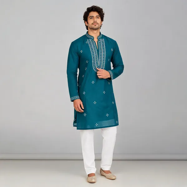 Teal_Glass_Tissue_Straight_Fit_Kurta_For_Men