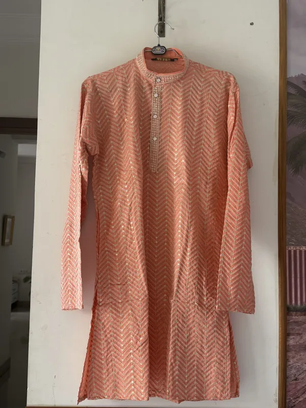 Peach_Cotton_Patterned_Straight_Kurta_For_Men