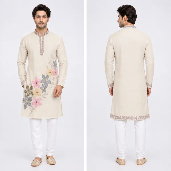 Cream_Tissue_Fabric_Embroidered_Kurta_Set_For_Men
