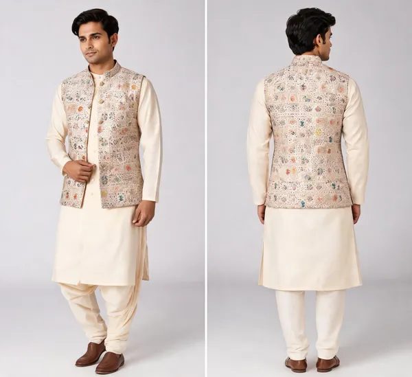 Beige_Jacquard_Semi-Silk_Slim_Fit_Nehru_Jacket_For_Men