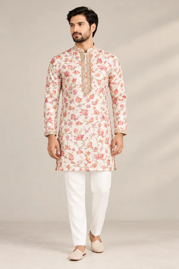 Semi-Silk_Floral_Print_Kurta_Pajama_Set_For_Men