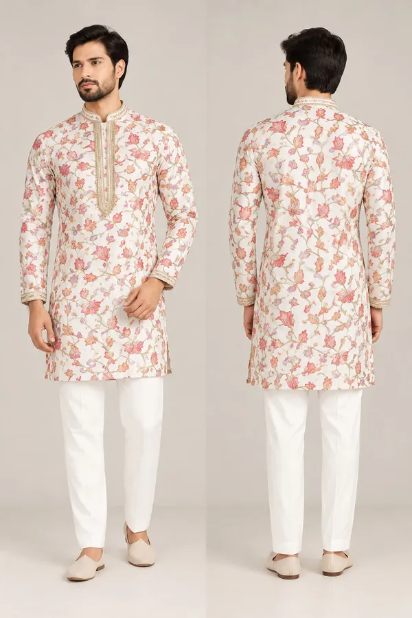 Semi-Silk_Floral_Print_Kurta_Pajama_Set_For_Men
