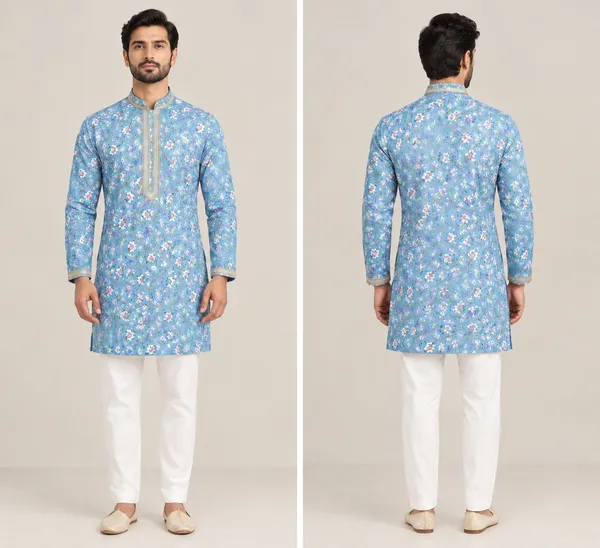 Blue_Semi-Silk_Floral_Print_Kurta_Pajama_Set_For_Men