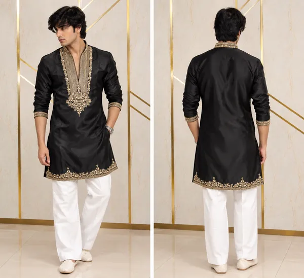 Black_Glass_Fabric_Embroidered_Kurta_Set_For_Men