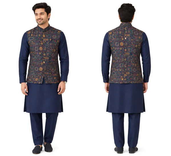Navy_Jacquard_Semi-Silk_Nehru_Jacket_Kurta_Set_For_Men
