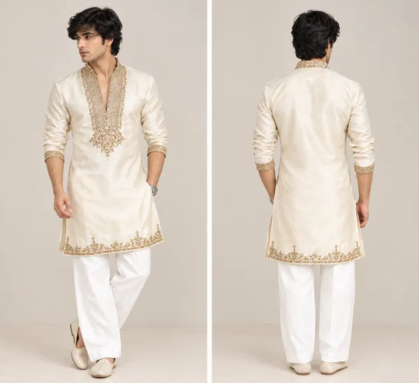 Cream_Glass_Fabric_Embroidered_Straight_Fit_Kurta_Set_For_Men
