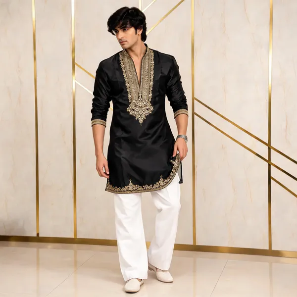 Black_Glass_Fabric_Embroidered_Kurta_Set_For_Men
