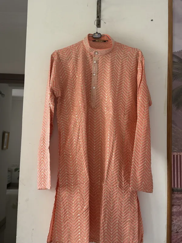 Peach_Cotton_Patterned_Straight_Kurta_For_Men