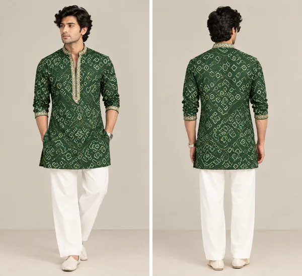 Green_Cotton_Straight_Printed_Kurta_For_Men