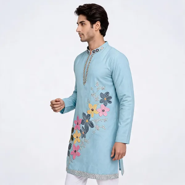 Light_Blue_Tissue_Fabric_Embroidered_Straight_Kurta_For_Men