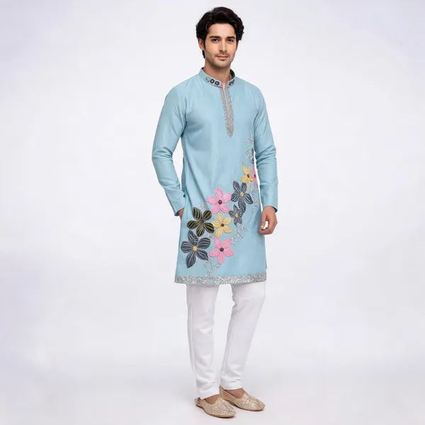 Light_Blue_Tissue_Fabric_Embroidered_Straight_Kurta_For_Men