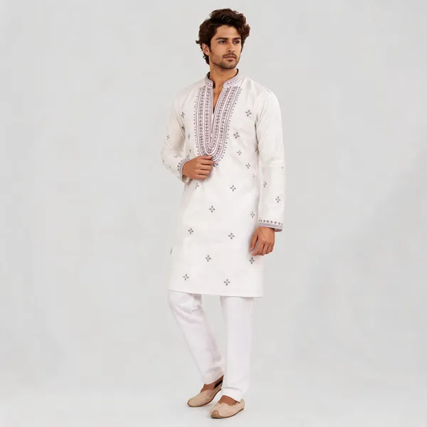 White_Glass_Fabric_Embroidered_Straight_Fit_Kurta_Pajama_Set_For_Men