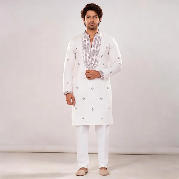 White_Glass_Fabric_Embroidered_Straight_Fit_Kurta_Pajama_Set_For_Men