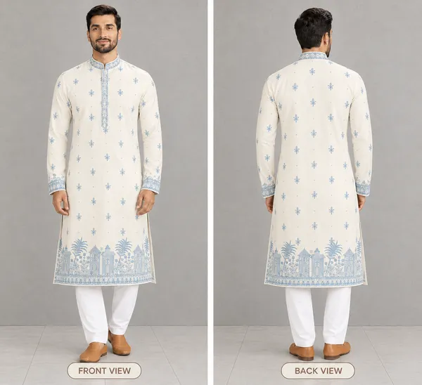 Cream_Semi-Silk_Printed_Kurta_Pajama_Set_For_Men