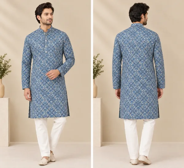 Blue_Cotton_Printed_Straight_Kurta_Set_For_Men