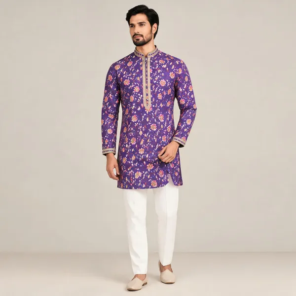 Purple_Semi-Silk_Floral_Print_Regular_Fit_Kurta_For_Men