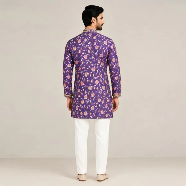 Purple_Semi-Silk_Floral_Print_Regular_Fit_Kurta_For_Men