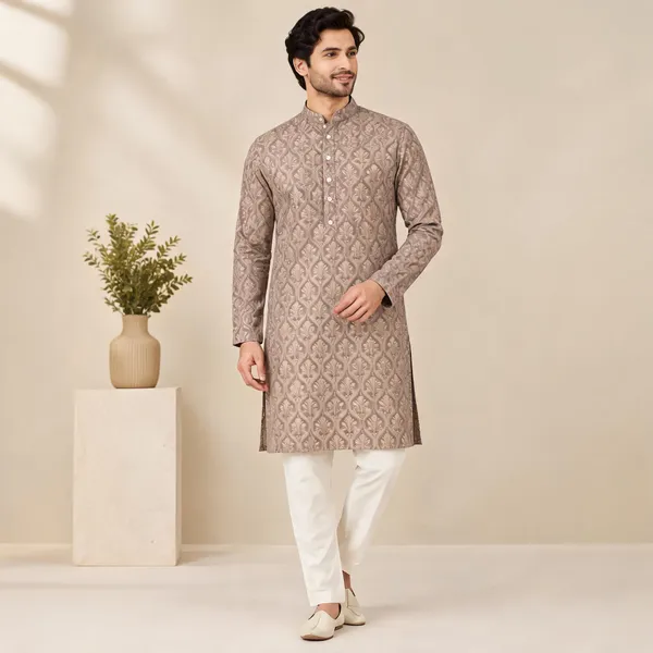 Beige_Cotton_Straight_Printed_Kurta_Set_For_Men