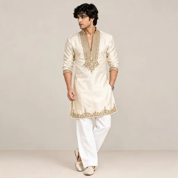 Cream_Glass_Fabric_Embroidered_Straight_Fit_Kurta_Set_For_Men