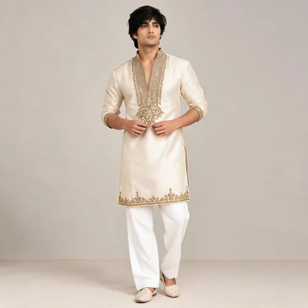 Cream_Glass_Fabric_Embroidered_Straight_Fit_Kurta_Set_For_Men