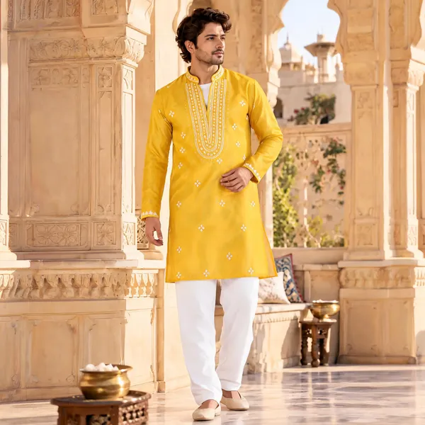 Yellow_Glass_Fabric_Embroidered_Straight_Kurta_Set_For_Men