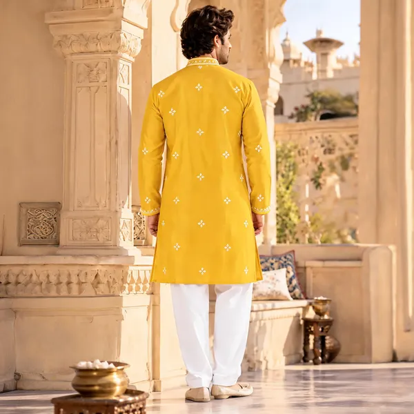 Yellow_Glass_Fabric_Embroidered_Straight_Kurta_Set_For_Men