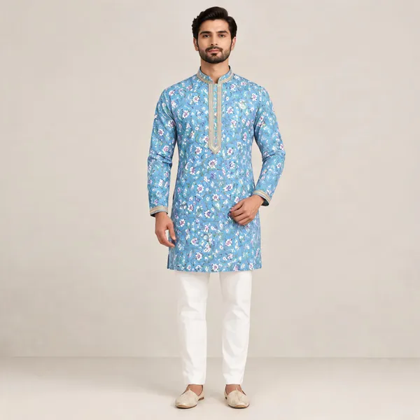 Blue_Semi-Silk_Floral_Print_Kurta_Pajama_Set_For_Men