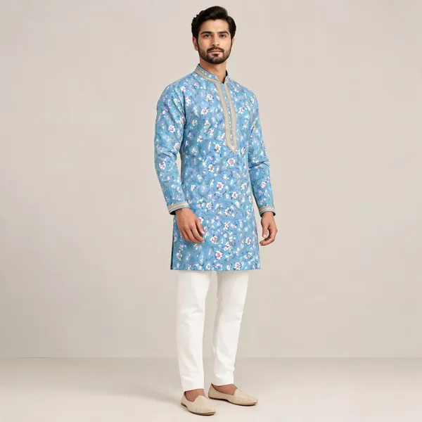 Blue_Semi-Silk_Floral_Print_Kurta_Pajama_Set_For_Men