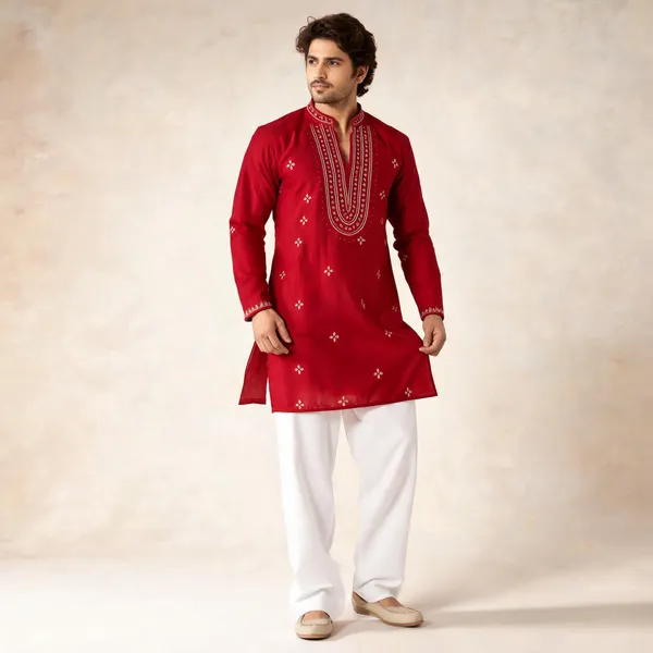 Red_Glass_Fabric_Embroidered_Kurta_Pajama_Set_For_Men