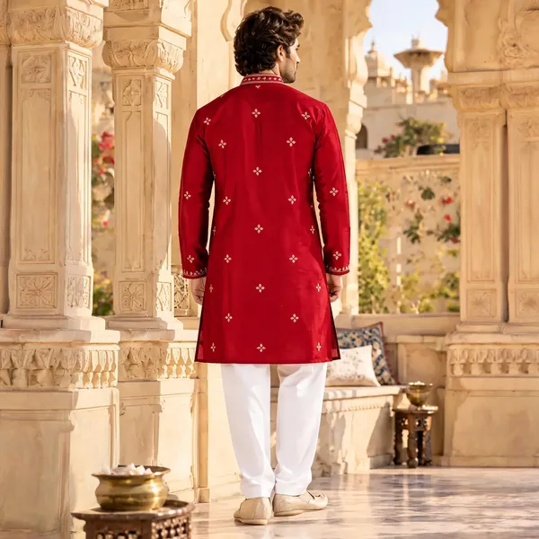 Red_Glass_Fabric_Embroidered_Kurta_Pajama_Set_For_Men
