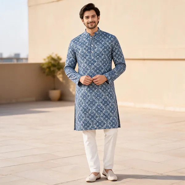 Blue_Cotton_Printed_Straight_Kurta_Set_For_Men