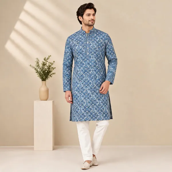 Blue_Cotton_Printed_Straight_Kurta_Set_For_Men