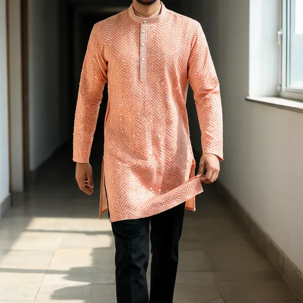 Peach_Cotton_Patterned_Straight_Kurta_For_Men