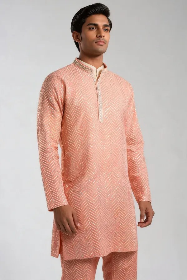 Peach_Cotton_Patterned_Straight_Kurta_For_Men