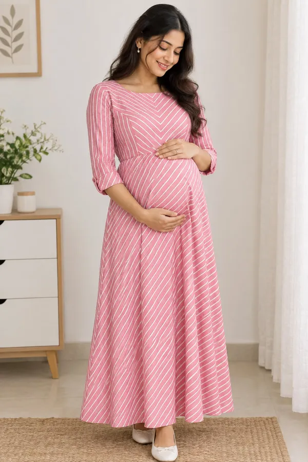 Pink_Cotton_Striped_Flared_Maternity_Maxi_Dress_For_Women
