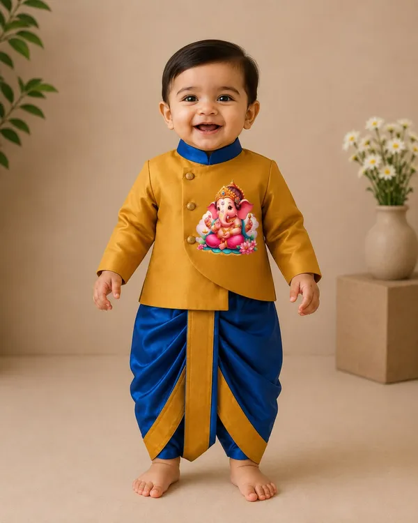 Mustard_Blue_Tissue_Traditional_Kurta_Dhoti_Set_For_Babies