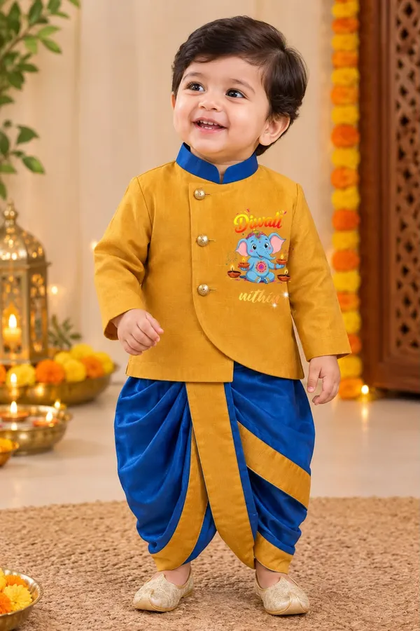 Mustard_Blue_Tissue_Ethnic_Kurta_Dhoti_Set_For_Babies