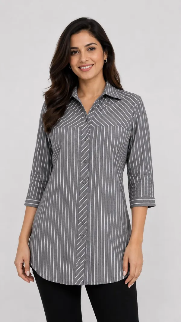 Grey_Cotton_Striped_Button_Down_Short_Kurti_For_Women