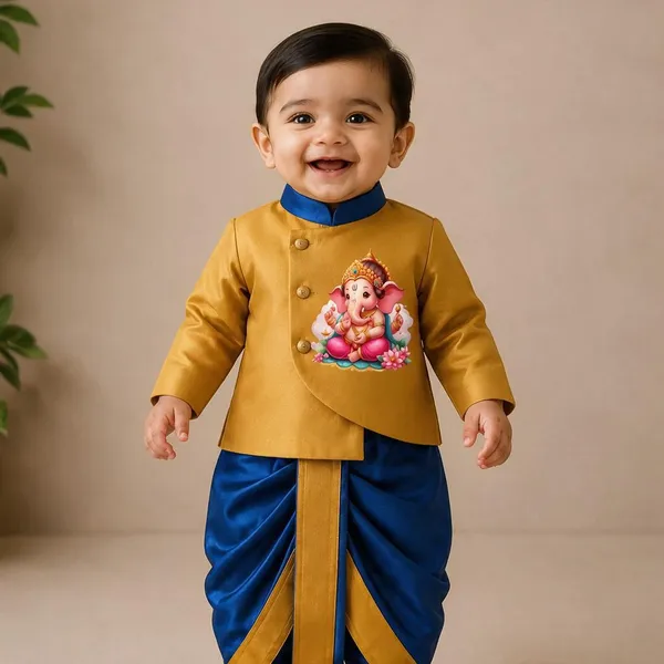 Mustard_Blue_Tissue_Traditional_Kurta_Dhoti_Set_For_Babies