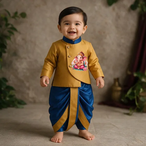 Mustard_Blue_Tissue_Traditional_Kurta_Dhoti_Set_For_Babies