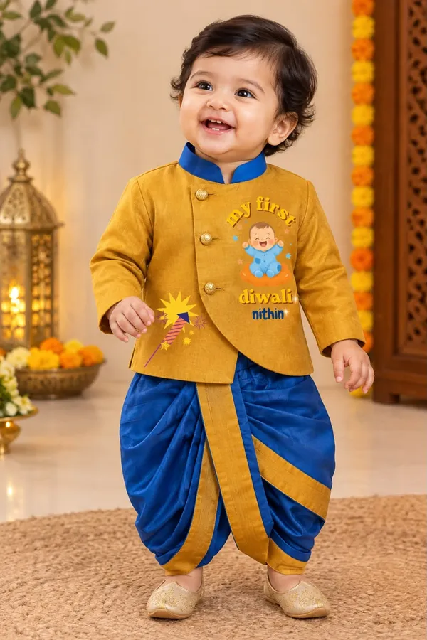 Mustard_Blue_Tissue_Ethnic_Kurta_Dhoti_Set_For_Babies