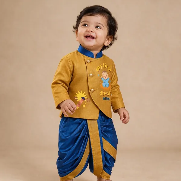Mustard_Blue_Tissue_Ethnic_Kurta_Dhoti_Set_For_Babies