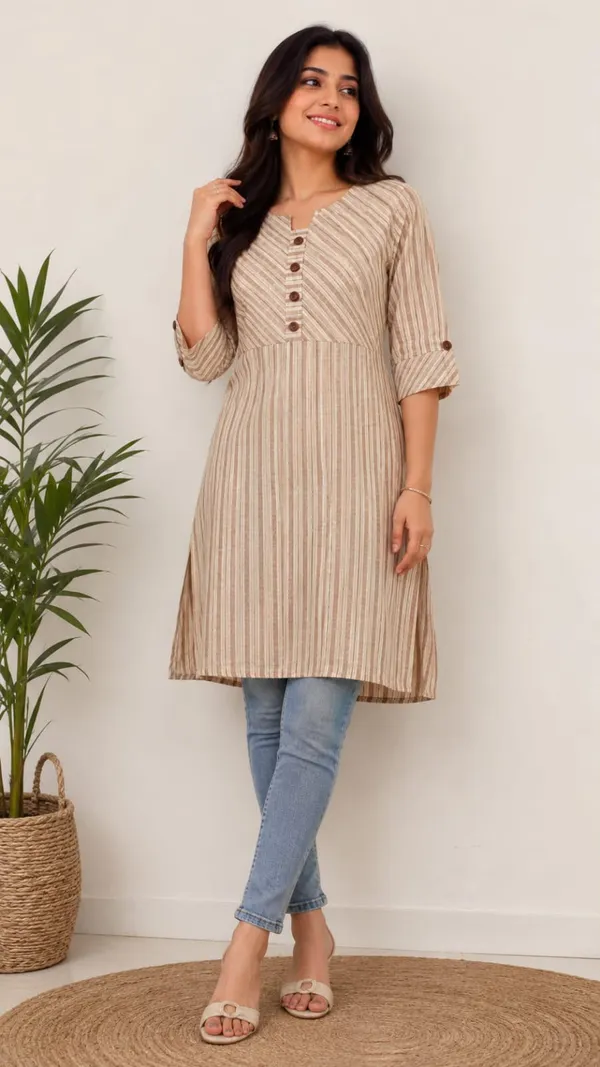 Beige_Cotton_Striped_A-Line_Kurta_For_Women