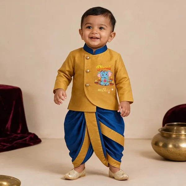Mustard_Blue_Tissue_Ethnic_Kurta_Dhoti_Set_For_Babies
