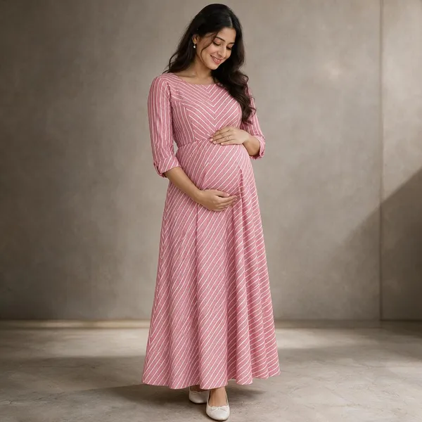 Pink_Cotton_Striped_Flared_Maternity_Maxi_Dress_For_Women