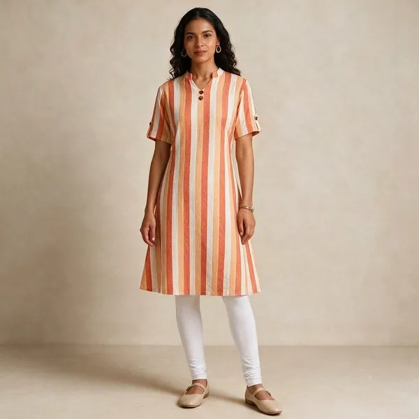 Orange_Cotton_Striped_A-Line_Kurta_For_Women